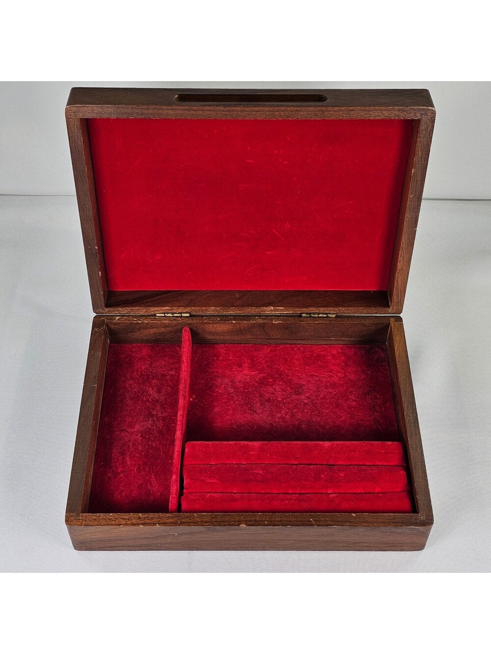 Vintage Decatur Industries Genuine Walnut Wood Jewelry Valet Box Red Velvet